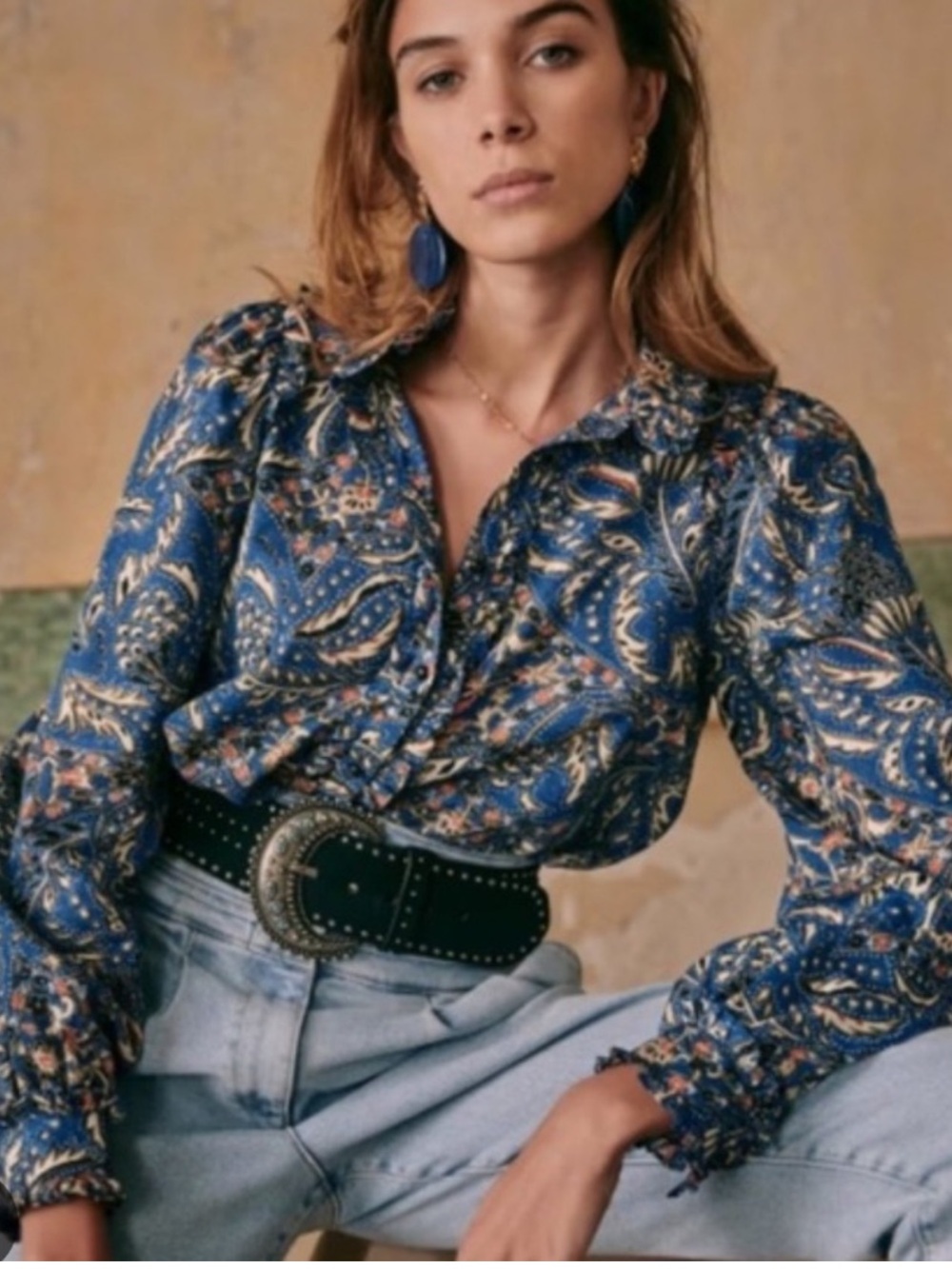 Sezane cotton Mackenzie shirt in western ranch print nwot size 36 - Picture 2 of 6